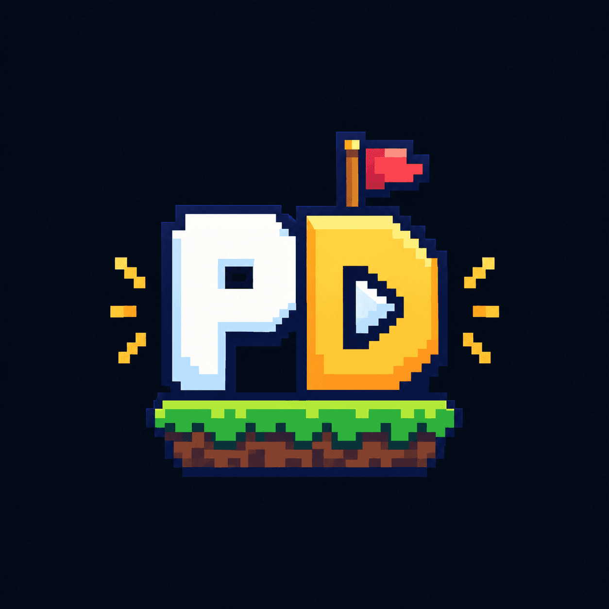 Pixel-style PD emblem with a play button and a flag on a grass platform